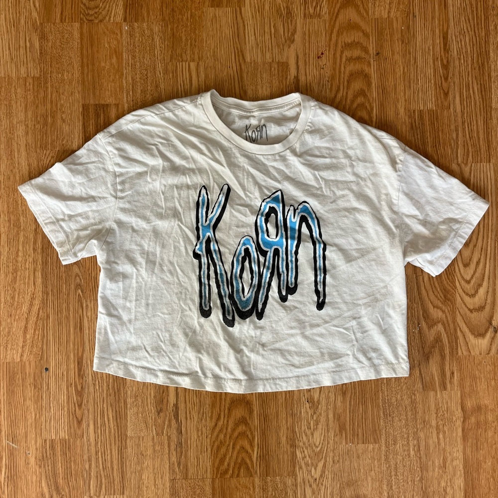 Official Korn Nu Metal Band Beige Blue Logo Name Crop T Shirt